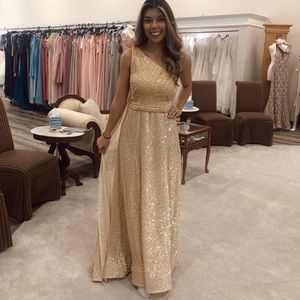 Gold one shoulder Ellie wilde pageant/ prom dress